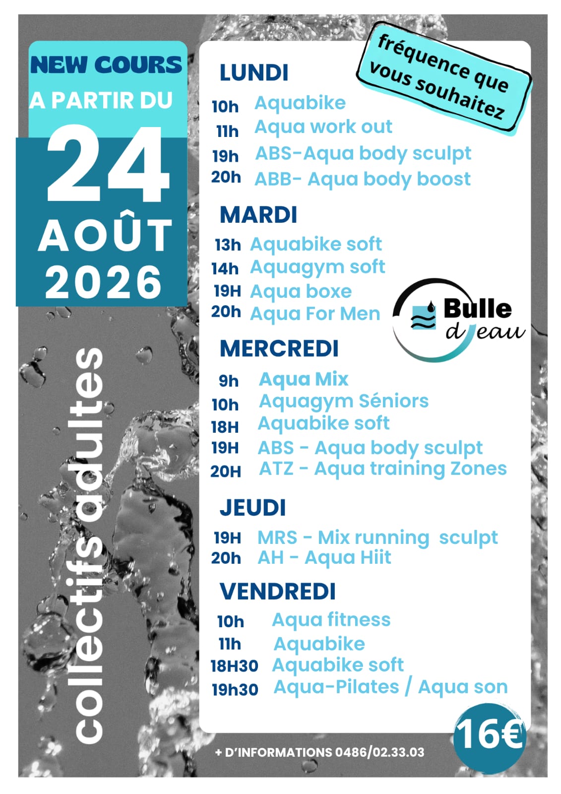 Cours collectifs adultes - horaires à partir du 24 août 2026